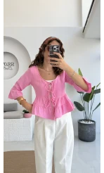 1013 - Seren Katlı Bağlamalı Bluz - Şeker Pembesi