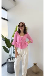 1013 - Seren Katlı Bağlamalı Bluz - Şeker Pembesi