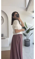 1017 - Arin Kolu Lastik Detay Bluz - Kırık Beyaz