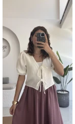 1017 - Arin Kolu Lastik Detay Bluz - Kırık Beyaz