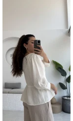 1034 - Freesia Dantel Detay Müslin Bluz - Kırık Beyaz