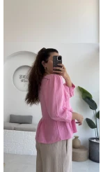 1034 - Freesia Dantel Detay Müslin Bluz - Şeker Pembesi