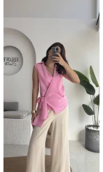 1036 - Rarity Polo Yaka Sıfır Kol Müslin Bluz - Şeker Pembesi