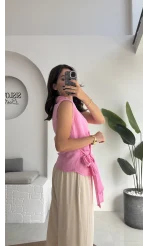 1036 - Rarity Polo Yaka Sıfır Kol Müslin Bluz - Şeker Pembesi