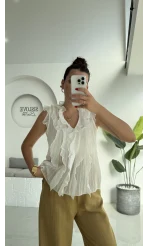 2119 - Julie Sıfır Kol Fırfırlı Gömlek - Beyaz