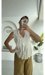 2119 - Julie Sıfır Kol Fırfırlı Gömlek - Beyaz