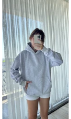 3 İplik Kapüşonlu İçi Polarlı Sweat Gri