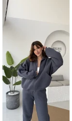 3 İplik Şardonlu Parçalı Eşofman Takımı - Koyu Antrasit - Kod: 4537