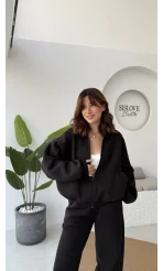 3 İplik Şardonlu Parçalı Eşofman Takımı - Siyah - Kod: 4537