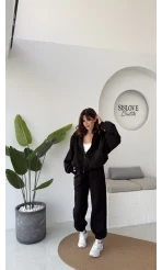 3 İplik Şardonlu Parçalı Eşofman Takımı - Siyah - Kod: 4537