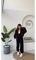 3 İplik Şardonlu Parçalı Eşofman Takımı - Siyah - Kod: 4537