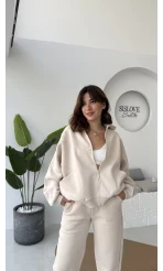 3 İplik Şardonlu Parçalı Eşofman Takımı - Taş - Kod: 4537