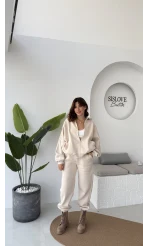 3 İplik Şardonlu Parçalı Eşofman Takımı - Taş - Kod: 4537