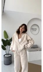 3 İplik Şardonlu Parçalı Eşofman Takımı - Taş - Kod: 4537