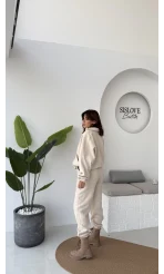 3 İplik Şardonlu Parçalı Eşofman Takımı - Taş - Kod: 4537