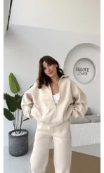 3 İplik Şardonlu Parçalı Eşofman Takımı - Taş - Kod: 4537