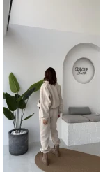 3 İplik Şardonlu Parçalı Eşofman Takımı - Taş - Kod: 4537