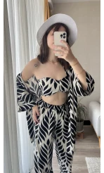 3lü Büstiyer Siyah Beyaz Kimono Pantolon Takım
