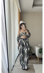 3lü Büstiyer Siyah Beyaz Kimono Pantolon Takım