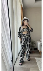 3lü Büstiyer Siyah Beyaz Kimono Pantolon Takım
