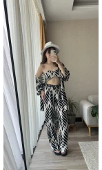 3lü Büstiyer Siyah Beyaz Kimono Pantolon Takım