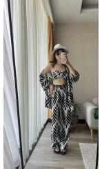 3lü Büstiyer Siyah Beyaz Kimono Pantolon Takım