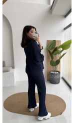 Waffle Kumaş Gömlek-Pantolon Takım - Lacivert - Kod: 6042