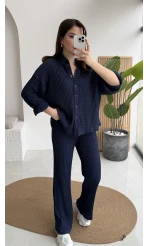 Waffle Kumaş Gömlek-Pantolon Takım - Lacivert - Kod: 6042