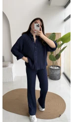 Waffle Kumaş Gömlek-Pantolon Takım - Lacivert - Kod: 6042