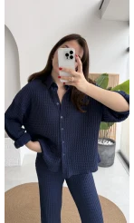 Waffle Kumaş Gömlek-Pantolon Takım - Lacivert - Kod: 6042