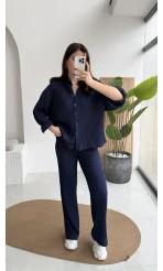 Waffle Kumaş Gömlek-Pantolon Takım - Lacivert - Kod: 6042