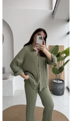 Waffle Kumaş Gömlek-Pantolon Takım - Çağla Yeşili - Kod: 6042