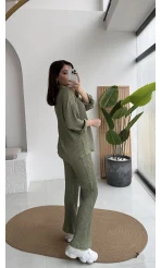 Waffle Kumaş Gömlek-Pantolon Takım - Çağla Yeşili - Kod: 6042