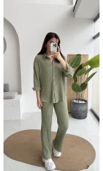 Waffle Kumaş Gömlek-Pantolon Takım - Çağla Yeşili - Kod: 6042