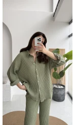 Waffle Kumaş Gömlek-Pantolon Takım - Çağla Yeşili - Kod: 6042