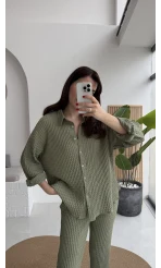 Waffle Kumaş Gömlek-Pantolon Takım - Çağla Yeşili - Kod: 6042