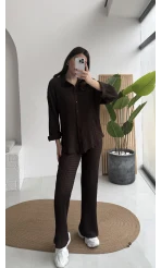 Waffle Kumaş Gömlek-Pantolon Takım - Kahverengi - Kod: 6042