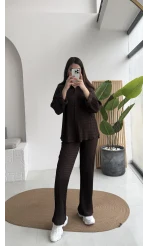 Waffle Kumaş Gömlek-Pantolon Takım - Kahverengi - Kod: 6042