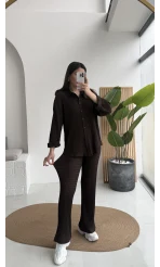 Waffle Kumaş Gömlek-Pantolon Takım - Kahverengi - Kod: 6042