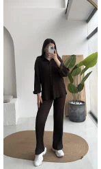 Waffle Kumaş Gömlek-Pantolon Takım - Kahverengi - Kod: 6042