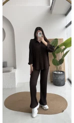 Waffle Kumaş Gömlek-Pantolon Takım - Kahverengi - Kod: 6042