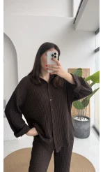 Waffle Kumaş Gömlek-Pantolon Takım - Kahverengi - Kod: 6042