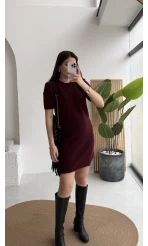 Ingrid Yarım Kol Mini Elbise - Bordo - Kod: 90257