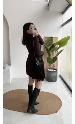 Boğazlı Uzun Kollu Parmak Geçmeli Eteği Volanlı Kısa Elbise - Acı Kahve