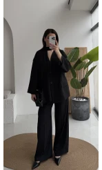 Yuna Fular Detay Bağcıklı Ceket Takım - Siyah - Kod: 6003