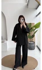 Yuna Fular Detay Bağcıklı Ceket Takım - Siyah - Kod: 6003