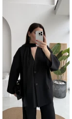 Yuna Fular Detay Bağcıklı Ceket Takım - Siyah - Kod: 6003