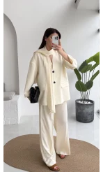 Yuna Fular Detay Bağcıklı Ceket Takım - Ekru - Kod: 6003