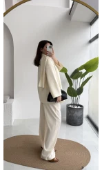 Yuna Fular Detay Bağcıklı Ceket Takım - Ekru - Kod: 6003