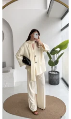 Yuna Fular Detay Bağcıklı Ceket Takım - Ekru - Kod: 6003
